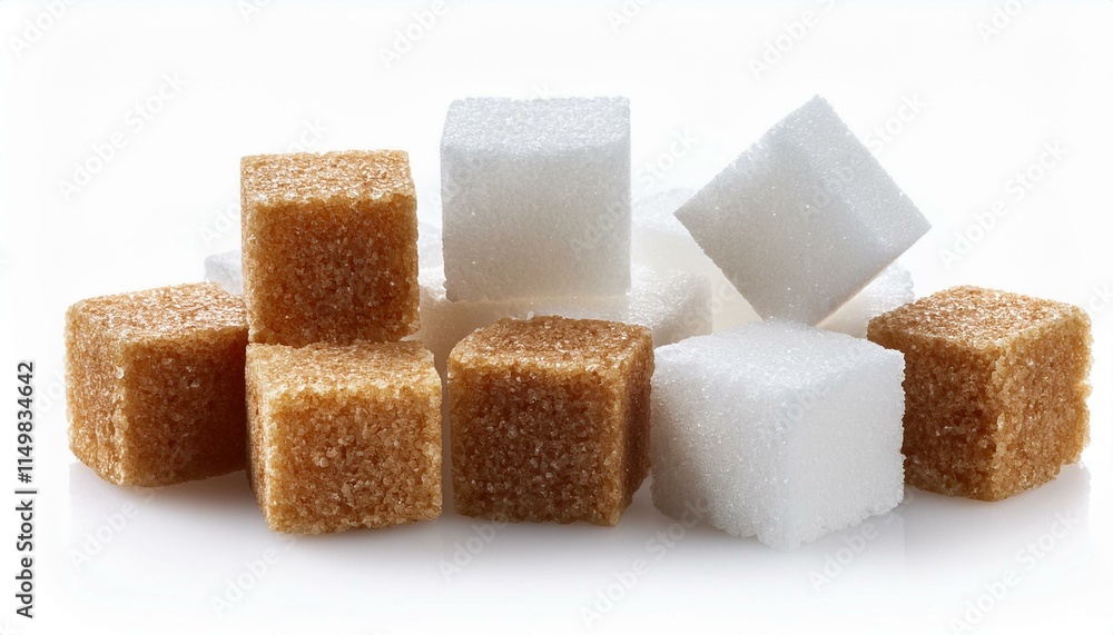 White and brown sugar cubes isolated white background - Cane sugar cubes White and brown sugar cubes isolated white background - Cane sugar cubes