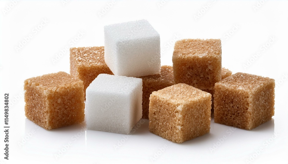 White and brown sugar cubes isolated white background - Cane sugar cubes White and brown sugar cubes isolated white background - Cane sugar cubes