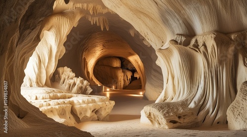  A serene and majestic natural limestone cave interior with intricate, swirling rock formations that resemble delicate fingers,generative ai photo