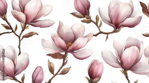 Watercolor illustration of magnolia flowers in different stages of bloom, with buds, open flowers, and petals.
Vector flowers set with Magnolia flowers. Isolated elements with Magnolia flowers, brunch