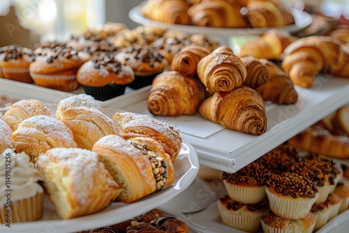 testy and delicious muffins, scones, and croissants on a platter photo