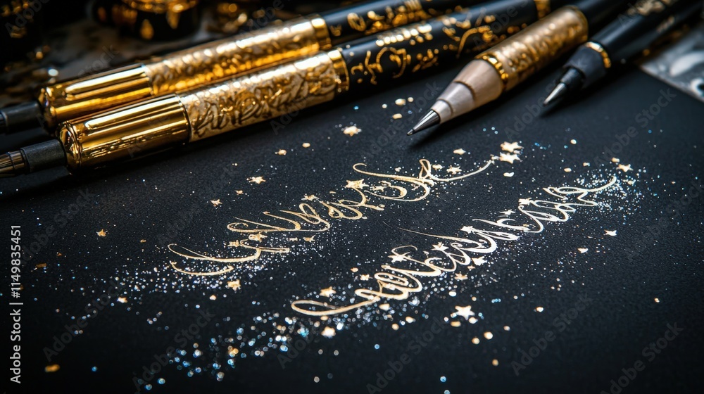 Elegant calligraphy and glittering designs with gold pens on black paper Elegant calligraphy and glittering designs with gold pens on black paper