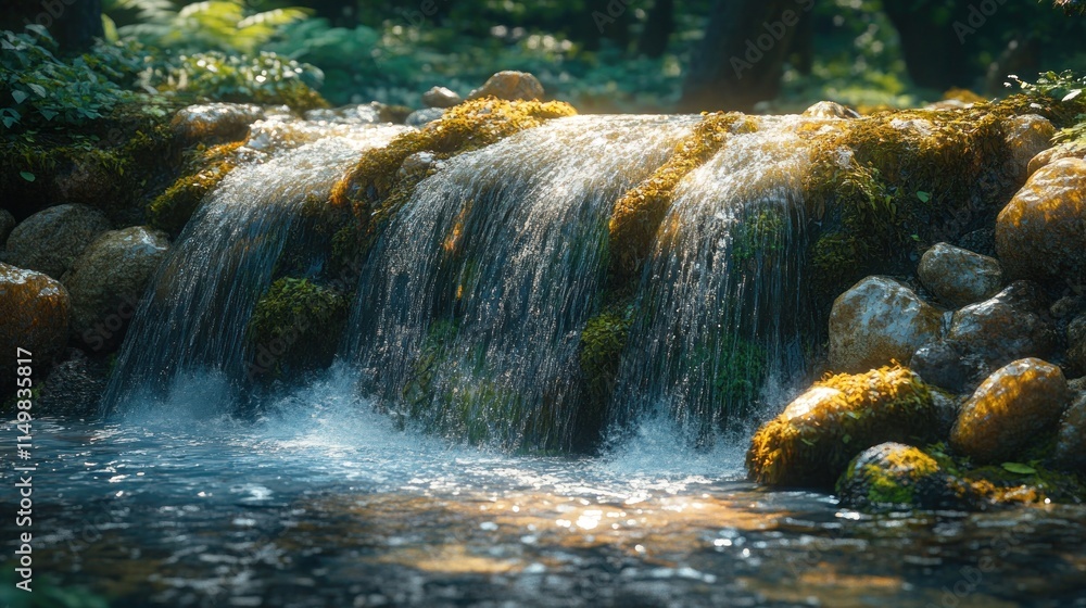Fototapeta premium Sunlit waterfall cascades over mossy rocks.