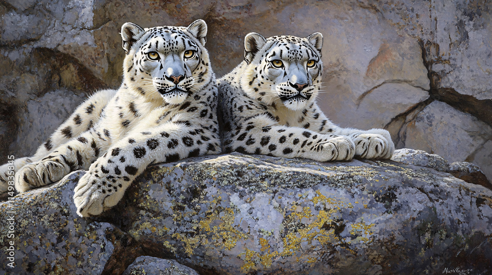 A pair of snow leopards lounging on a granite ledge, their spotted coats blending with the rocky landscape, with soft evening light highlighting the lichen beneath their paws. A pair of snow leopards lounging on a granite ledge, their spotted coats blending with the rocky landscape, with soft evening light highlighting the lichen beneath their paws.