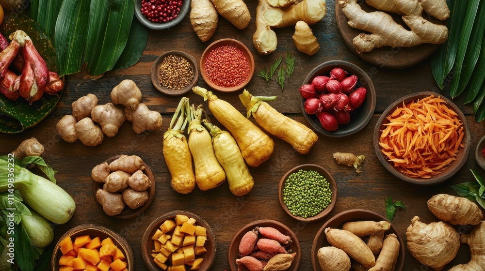 Assortment of Fresh Vegetables and Spices on Wooden Background Assortment of Fresh Vegetables and Spices on Wooden Background