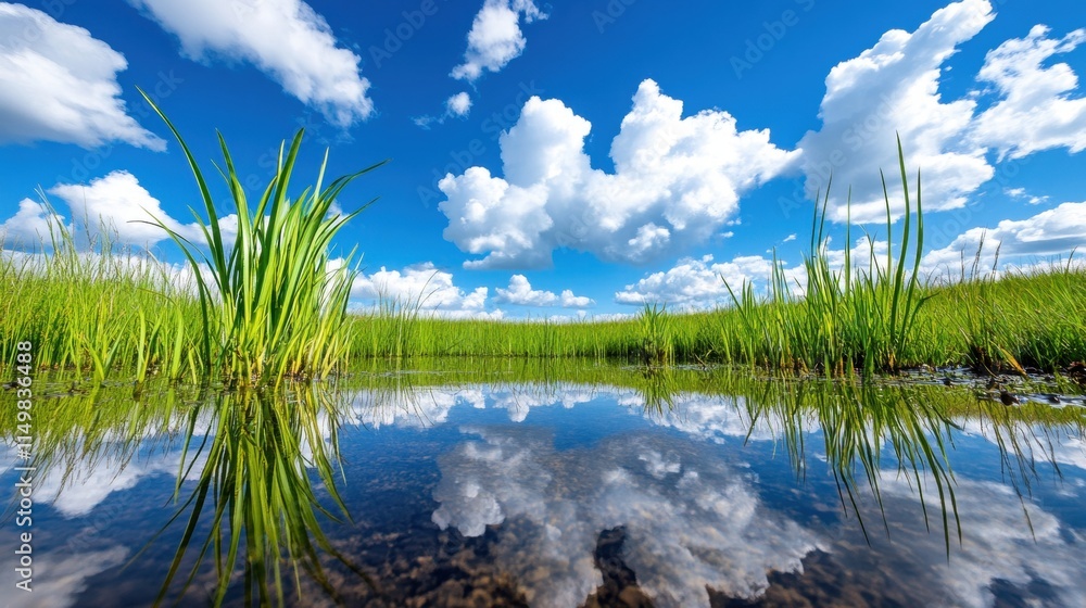 Lush Green Grass Around Calm Water Under Bright Blue Sky Lush Green Grass Around Calm Water Under Bright Blue Sky