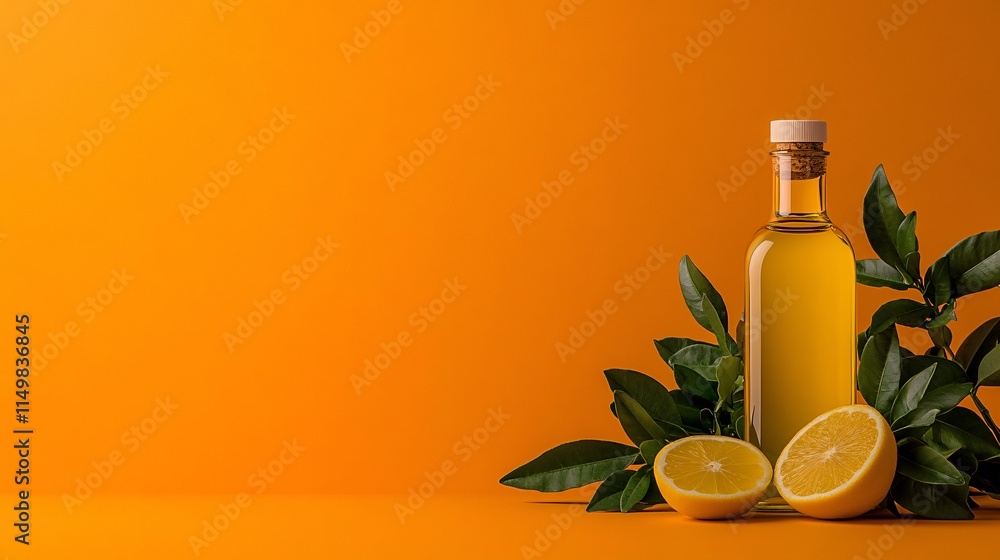Fresh Yellow Oil Bottle with Lemon and Green Leaves Fresh Yellow Oil Bottle with Lemon and Green Leaves