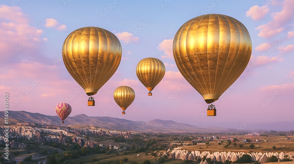 Fototapeta premium Golden hot air balloons soar over a picturesque landscape at sunset.
