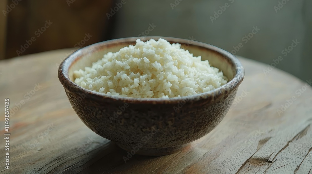 Freshly Cooked White Rice in a Rustic Bowl on Wooden Table Freshly Cooked White Rice in a Rustic Bowl on Wooden Table