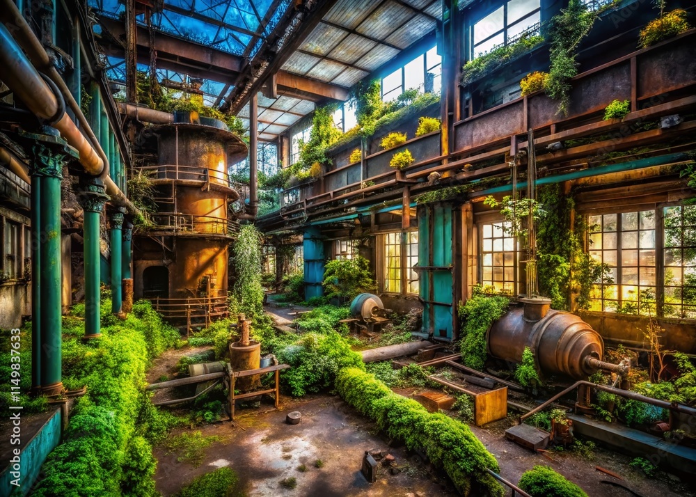 Fototapeta premium Urban Exploration Photography: Abandoned Nutraceutical Factory, Grunge, Industrial, Decay, Mysterious, Dark, Gritty, Post-Apocalyptic, Forgotten, Urban Decay,