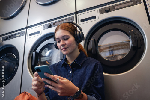 Fotografija Medium shot of young woman enjoying music in headphones scrolling news feed whil