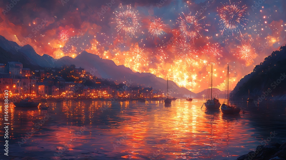 Festive fireworks illuminate a coastal town at night, reflected in the calm waters. Festive fireworks illuminate a coastal town at night, reflected in the calm waters.