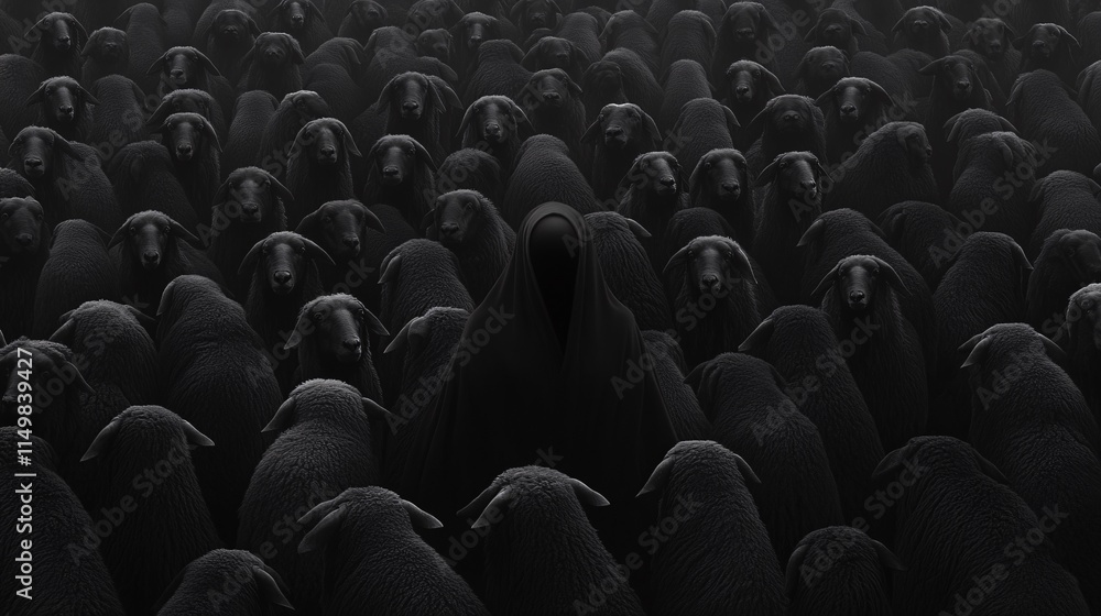 Obraz premium Surrealist Scene of Fading Black Sheep in Shadows