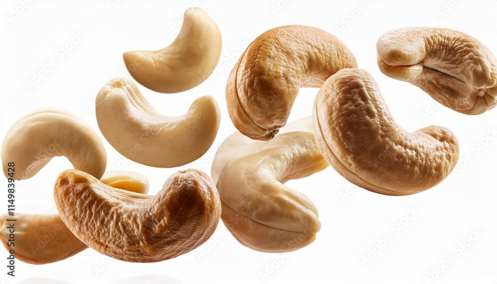 Flying cashew nuts, isolated on white background - nuts on white background Flying cashew nuts, isolated on white background - nuts on white background