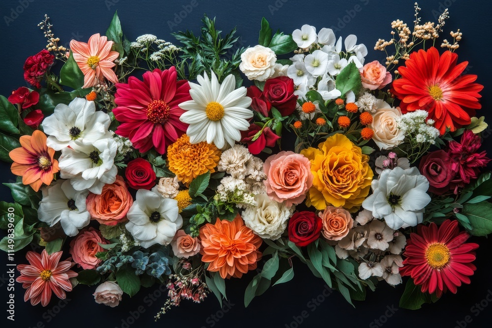 Vibrant assortment of flowers arranged beautifully on a dark background in a decorative display Vibrant assortment of flowers arranged beautifully on a dark background in a decorative display