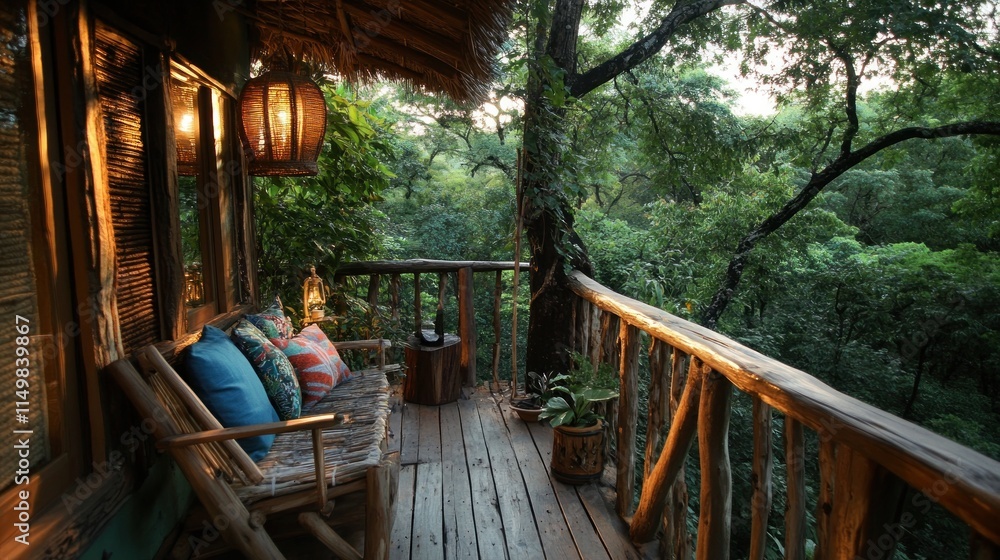 Cozy Treehouse Balcony with Lush Forest Views Cozy Treehouse Balcony with Lush Forest Views