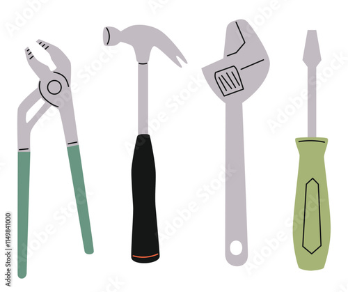 Repair worker tools vector illustration set. Cartoon hand instrument equipment for work on construction home renovation