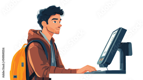 An illustration shows a young man with a backpack sitting at a desktop computer. He is wearing a brown jacket and appears to be casually using the computer. The style is simple and slightly cartoonish