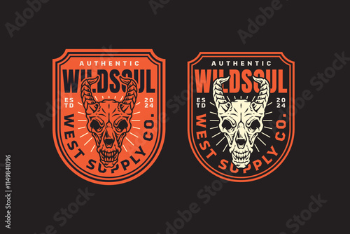dragon skull with horn western vintage badge logo design. set of retro bighorn dragon skull illustration elements. set of wild west cowboy native american emblem collection for adventure