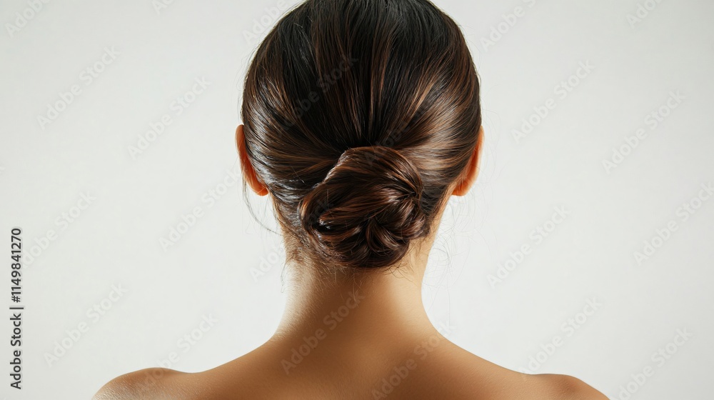Foto de Woman with a bun in her hair. The bun is pulled back and the ...