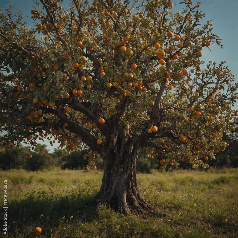 Fototapeta premium A tree whose fruits symbolize the circle of life, blooming and wilting endlessly.