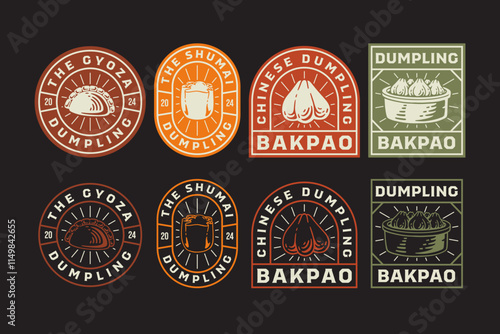 gyoza, jiaozi, shumai, bakpao chinese dumpling dim sum and steamer basket retro badge logo design collection for food, snack, restaurant, cafe mascots and merchandise