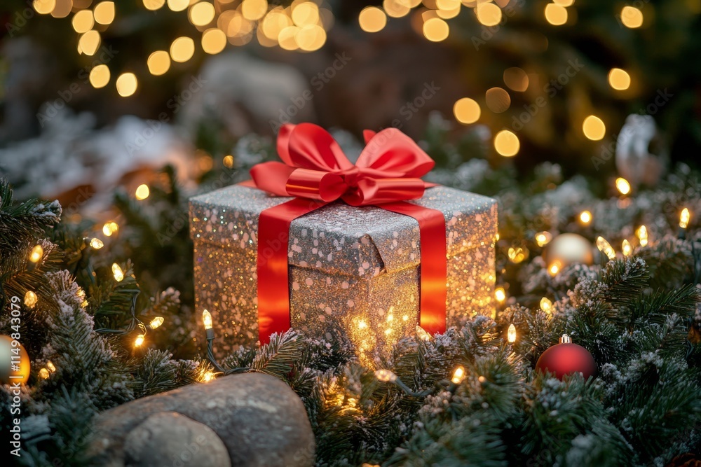 Gift box surrounded by festive decorations and warm lights in cozy outdoor setting during winter holiday season Gift box surrounded by festive decorations and warm lights in cozy outdoor setting during winter holiday season