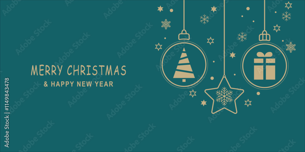 Naklejka premium Merry Christmas and Happy New Year web banner, card and wall paper with vector illustrations. Hanging Christmas baubles and star with Christmas tree and gift in snowy background.