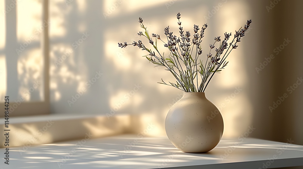 Dried lavender in a beige vase on a white table, sunlit. Dried lavender in a beige vase on a white table, sunlit.