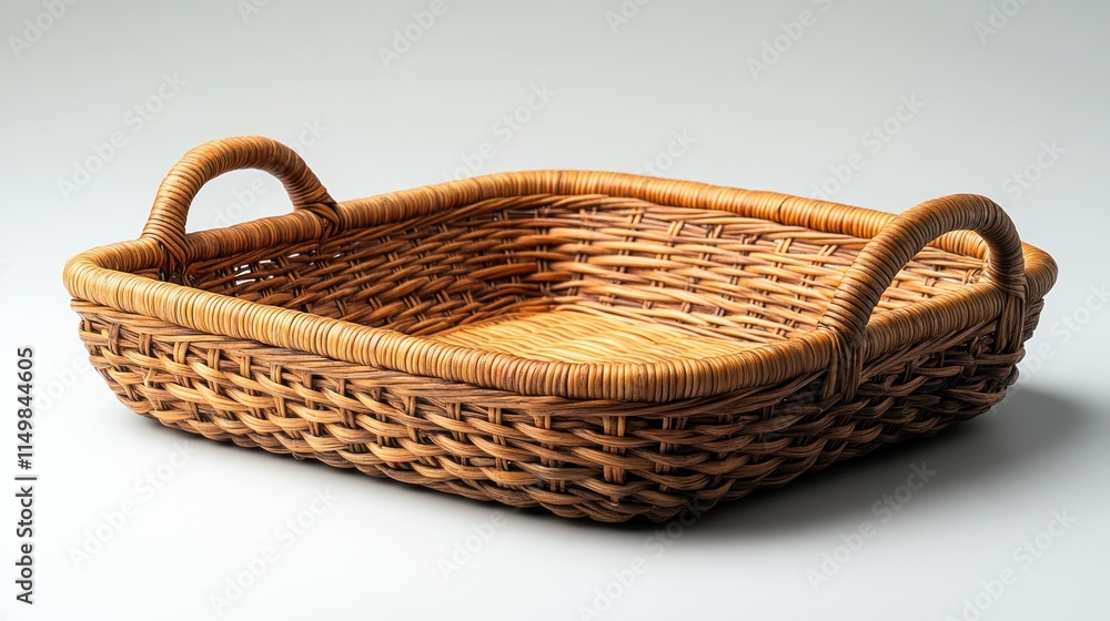 Fototapeta premium Square wicker basket with two handles on a white background.