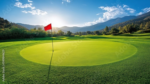 Golf Course Serenity, sunrise against mountain backdrop, vibrant green landscape, red flag on putting green.