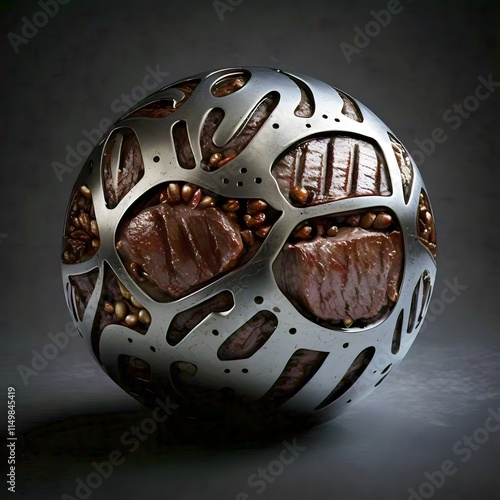 Futuristic metallic sphere with intricate cutouts revealing textured brown material blending art and technology photo