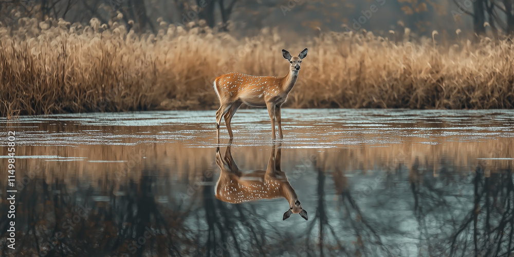 A single deer in the shallow water A single deer in the shallow water