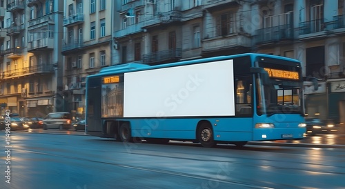 A moving bus with a white blank billboard in an empty city. Featuring a large white mockup space for branding or advertising.