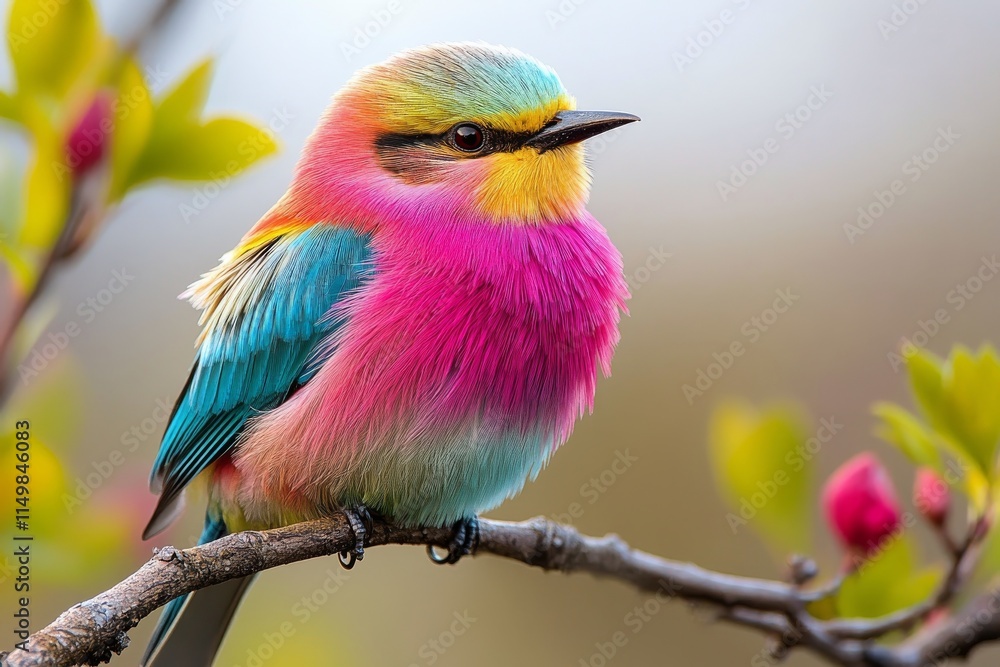 Fototapeta premium Colorful bird perched on a branch surrounded by blooming flowers in a natural setting