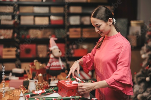 A woman in a pink blouse enthusiastically wraps gifts in vibrant Christmas paper, surrounded by festive decorations, creating a warm and cheerful holiday atmosphere