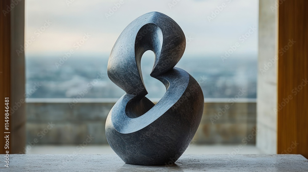 Naklejka premium Abstract dark grey stone sculpture, serene outdoors.