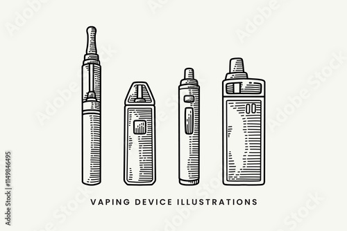 set of vaping devices line art style vector. doodle vape electronic cigarette illustration collection. e cigarette vaporizer engraving vector. element design of atomizer vape hand drawn