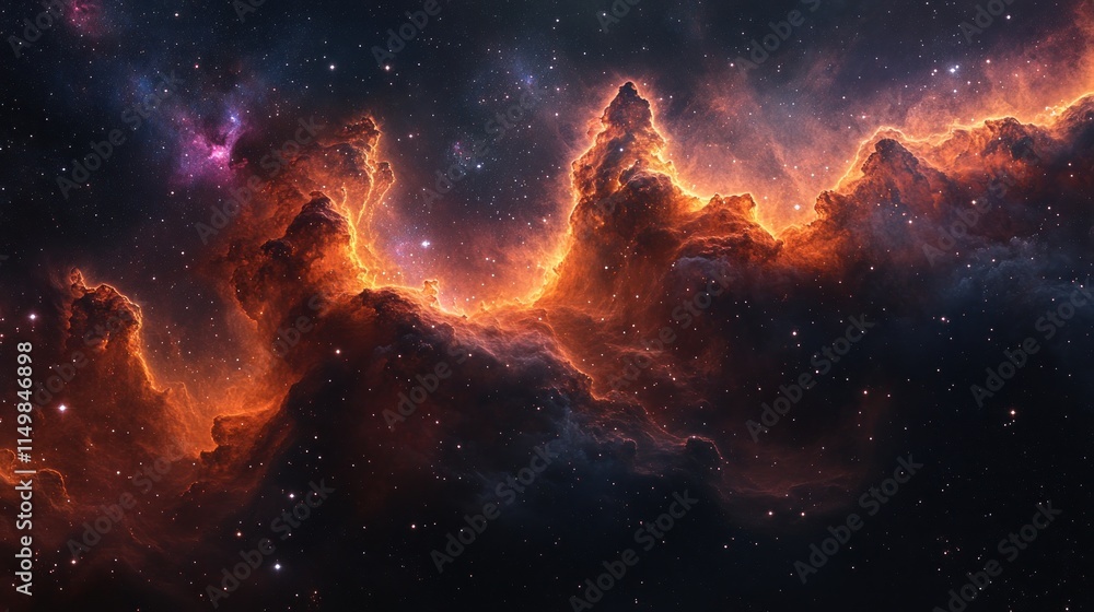 Fiery nebula, cosmic dust, starry expanse. Fiery nebula, cosmic dust, starry expanse.