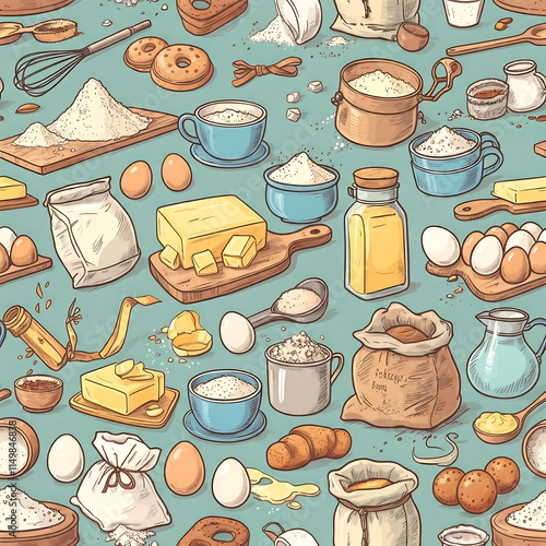 Baking Ingredients Seamless Pattern: A delightful and colorful seamless pattern featuring hand-drawn illustrations of various baking ingredients, tools, and pastries.  Perfect for kitchen décor.