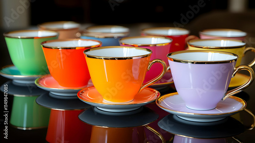 Colorful Teacups and Saucers, Gold Trimmed, Still Life Illustration photo