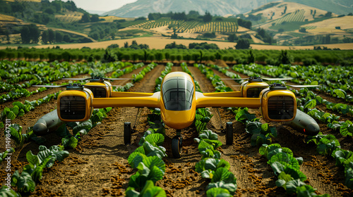 Aerial view of a modern agricultural field utilizing drones and machinery, showcasing advanced technology in sustainable farming. photo