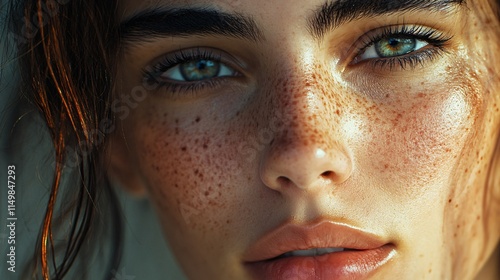 Woman with green eyes and a puffy nose. She has a greenish tint to her skin