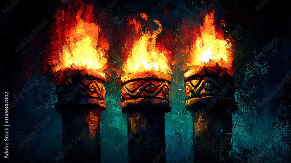 Obraz premium Three burning torches on dark background.