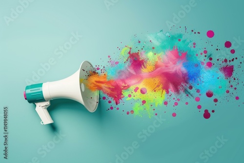 White megaphone with colorful powder explosion on light blue background representing communication, creativity, and spreading ideas