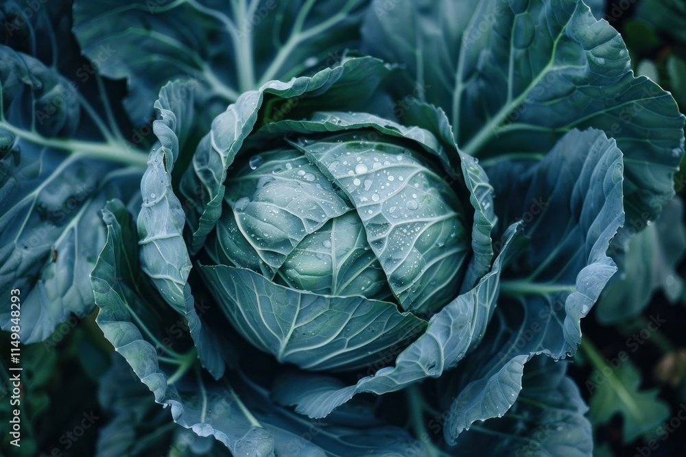 Close up of a vibrant green cabbage head growing in a garden, its leaves covered with glistening dew drops Close up of a vibrant green cabbage head growing in a garden, its leaves covered with glistening dew drops