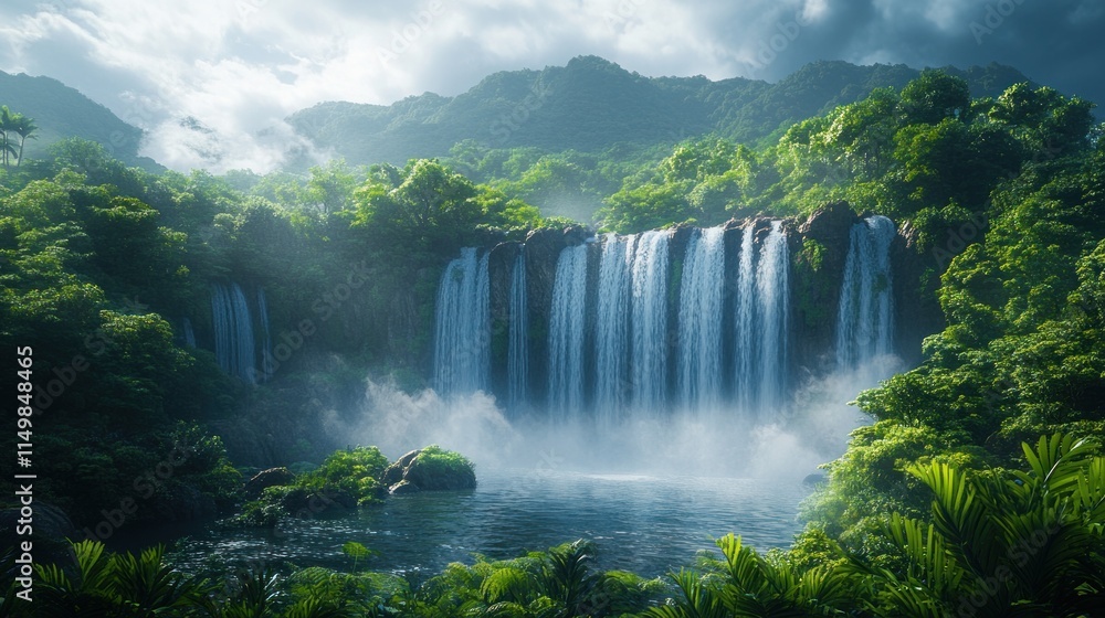 Fototapeta premium Lush jungle waterfall, misty mountains.