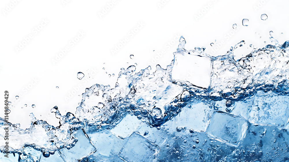 Crystal Clear Splash: A refreshing wave of water crashes over ice cubes, creating a dynamic and visually captivating abstract background. The image captures the essence of purity, clarity. Crystal Clear Splash: A refreshing wave of water crashes over ice cubes, creating a dynamic and visually captivating abstract background. The image captures the essence of purity, clarity.