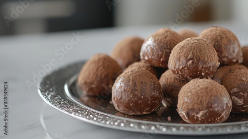 Detailed view of homemade chocolate truffles served on a silver platter photo