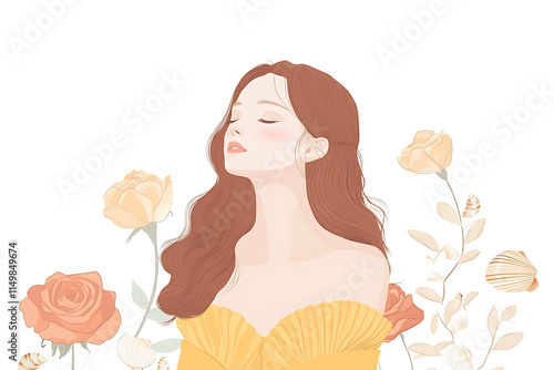 Aphrodite, the Greek goddess of love, beauty, and desire, elegantly portrayed in a serene and graceful pose, embodying divine beauty and love. Surrounded by symbols of beauty, such as roses and seashe photo